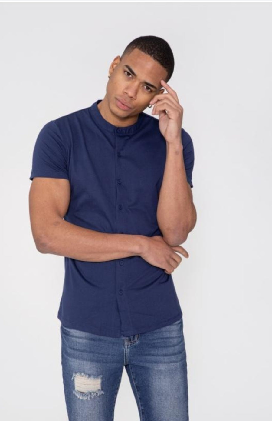 Chemise bleu marine col mao