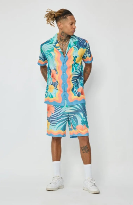 ENSEMBLE SHORT MOTIF FLORAL BLEU