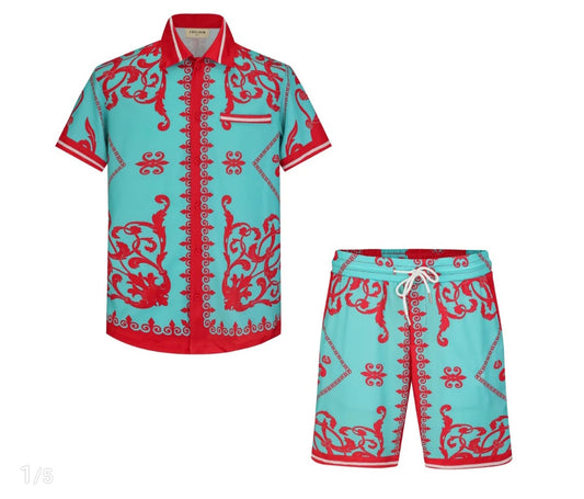 ENSEMBLE SHORT A MOTIF COULEUR ROUGE/TURQUOISE